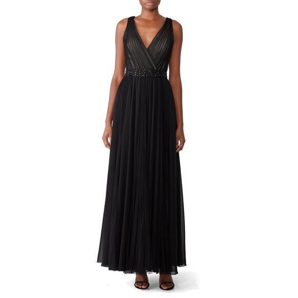 Badgley Mischka Pleated Tulle Chiffon Gown 4 Sleeveless Embellished Beaded Belt - Picture 1 of 12